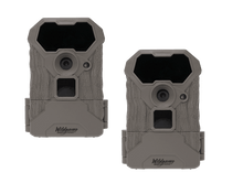 Two gray trail cameras with black sensor windows and front lens openings