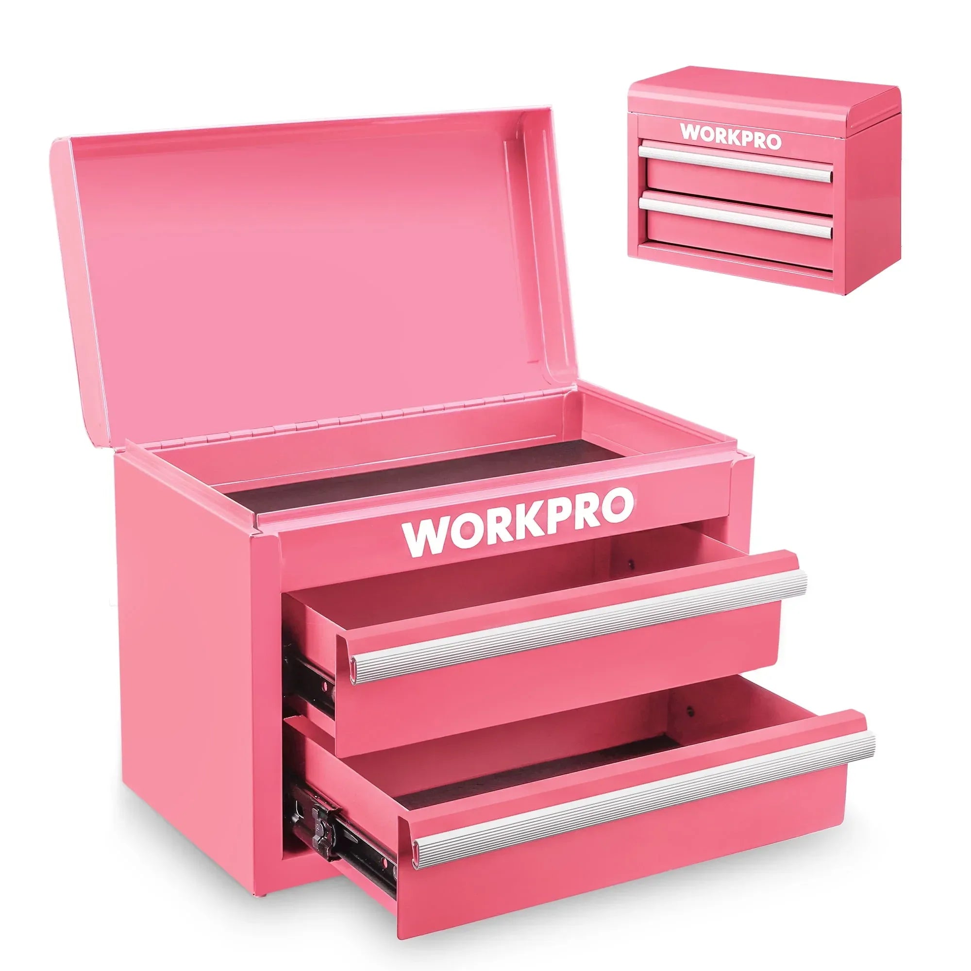 WORKPRO Mini Metal Tool Box with 2 Drawers and Top Storage, Small Tool Chest with PVC Liners and PP Feet Pads, Cold Rolled Steel Toolbox with Magnetic Tab, Blue