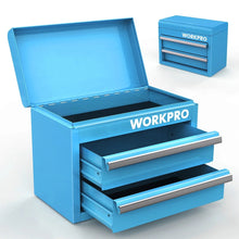 Blue mini metal tool box open with two front drawers and top storage tray