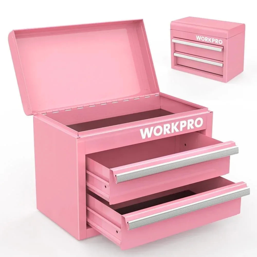 WORKPRO Mini Metal Tool Box with 2 Drawers and Top Storage, Small Tool Chest with PVC Liners and PP Feet Pads, Cold Rolled Steel Toolbox with Magnetic Tab, Blue