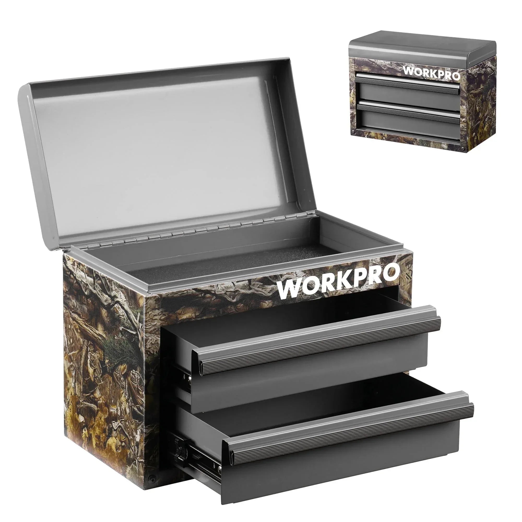 WORKPRO Mini Metal Tool Box with 2 Drawers and Top Storage, Small Tool Chest with PVC Liners and PP Feet Pads, Cold Rolled Steel Toolbox with Magnetic Tab, Blue