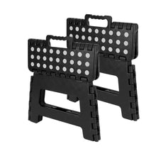 2-pack foldable plastic step stools, black, with perforated grip top and lock joints