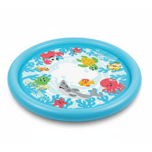 Inflatable round splash pad with under-the-sea animal print, blue outer ring