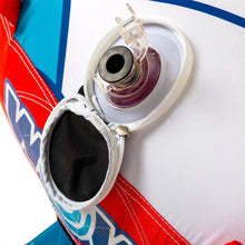 Towable water tube interior detail with white fabric, red trim, and valve/foot opening.