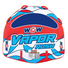 Two-person towable water tube close-up in red and blue, with handles and Vapor Rush print.
