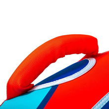 Red and orange towable tube handle with blue stripe and stitched trim.