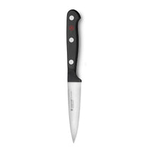 Santoku-style knife with black handle and silver blade