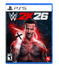 PlayStation 5 game case with WWE 2K26 branding and wrestler cover art
