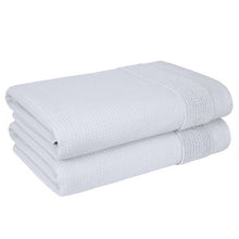 Waffle bath towel set, 2 light gray towels folded, textured waffle weave