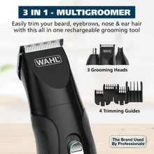 Rechargeable multigroomer trimmer with grooming heads and trimming guide attachments
