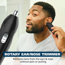 Rotary ear and nose trimmer attachment used for grooming, black cordless unit