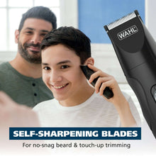 Cordless beard and mustache trimmer with self-sharpening blades for touch-ups