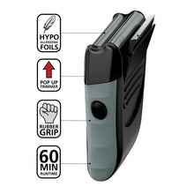 Rechargeable foil shaver with pop-up trimmer and rubber grip, black and gray