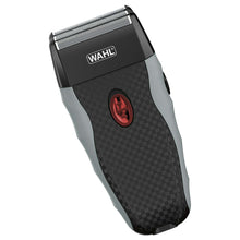 Foil shaver with metal cutting head, black top and gray body with red control