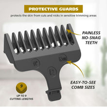 Protective trimming guard with comb teeth and adjustable cut-length markings