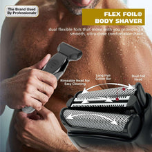 Wet/dry body shaver with flexible foil head and rinseable trimming unit