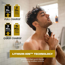 Cordless body trimmer in black with charging indicator and runtime icons