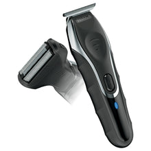 Black cordless body trimmer with foil shaver attachment and comb guard