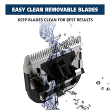 Hair and beard trimmer with removable blades and cleaning flow illustration