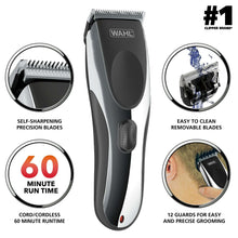 Black and silver self-sharpening beard trimmer with guard comb attachments