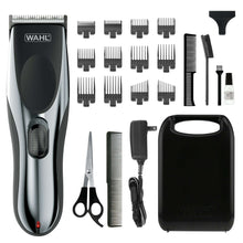 Hair and beard trimmer kit with clipper, guards, scissors, comb, and charging base
