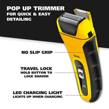 Electric foil shaver with pop-up trimmer, yellow and black, in angled view