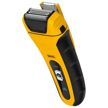 Electric foil shaver with yellow and black handle and protective head cover