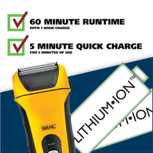Yellow and black foil electric shaver, wet/dry rechargeable with sleek head cover