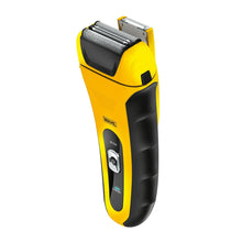 Electric foil shaver with yellow and black body, foil head in closed position
