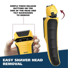 Electric foil shaver with easy head removal and pop-up trimmer, yellow and black