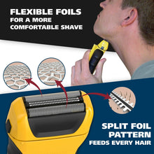 Electric foil shaver head with flexible foil and split foil pattern detail