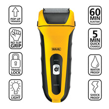 Yellow and black waterproof electric foil shaver with power button and charging indicator