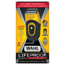 Yellow and black Lifefproof lithium-ion foil shaver in USB charging package