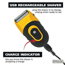 Yellow and black USB rechargeable foil shaver with charging cable and charge indicator