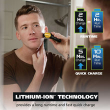 Yellow and black foil shaver in use on a man’s cheek with quick-charge runtime icons