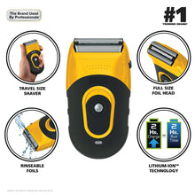 Yellow and black foil shaver with illustrated rinseable foils and charging time icons