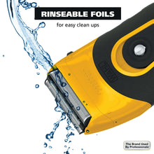 Yellow and black foil shaver with rinsable foils, shown with water spray