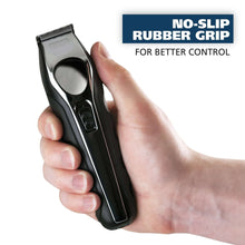 Black and silver beard trimmer with no-slip rubber grip