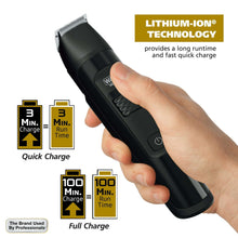 Black rechargeable body groomer with lithium-ion charging and charge indicators