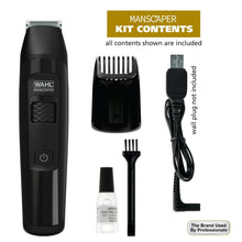 Black body groomer kit with multiple blades, brush, and charging cable