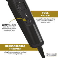 Black rechargeable body groomer with travel lock and battery fuel gauge lights