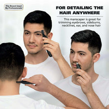 Handheld detail trimmer grooming eyebrow, ear, and nose areas on a man