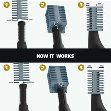 Multi-position eyebrow guide combs shown with a black trimmer head