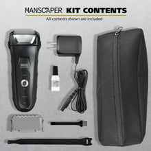 Manscaper shaver kit contents: electric shaver, charging adapter, cord, brush, trimmer guard, pouch