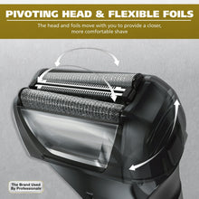 Electric foil shaver with pivoting head and flexible dual foil cartridge