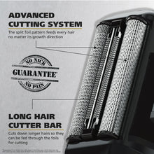 Dual foil shaver with long hair cutter trimmer bar and detailed cutting system