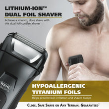Electric dual foil shaver with flexible head and hypoallergenic titanium foil surface
