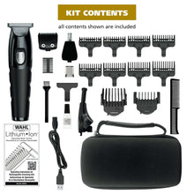 Trimmer kit contents with attachments, charging cable, and zip storage pouch