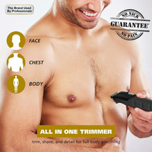 Body grooming trimmer in hand with black head near upper chest