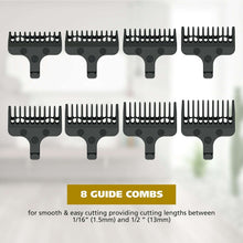 Set of eight black guide comb attachments with evenly spaced teeth for trimming